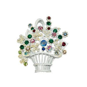 Vintage Japanned Basket of Flower Pin Brooch Colorful Rhinestones White Enamel